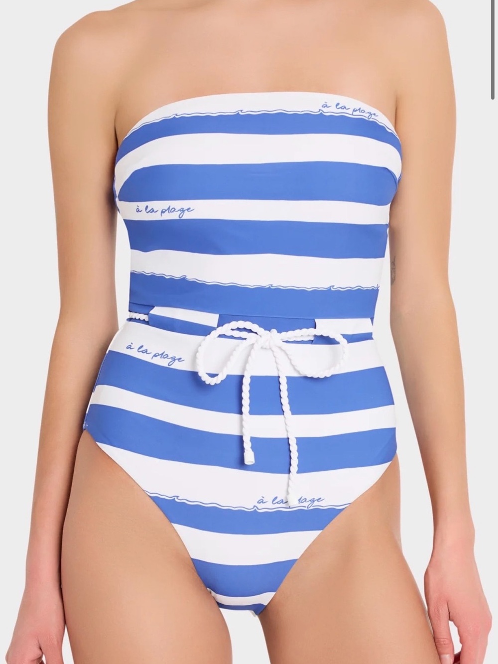 Milly A LA PAGE BELTED ONE PIECE SWIMSUIT Blue/White Stripe Strapless.BEAUTIFUL